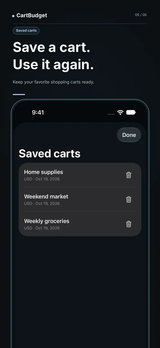 Saved carts screen with reusable carts such as weekly groceries