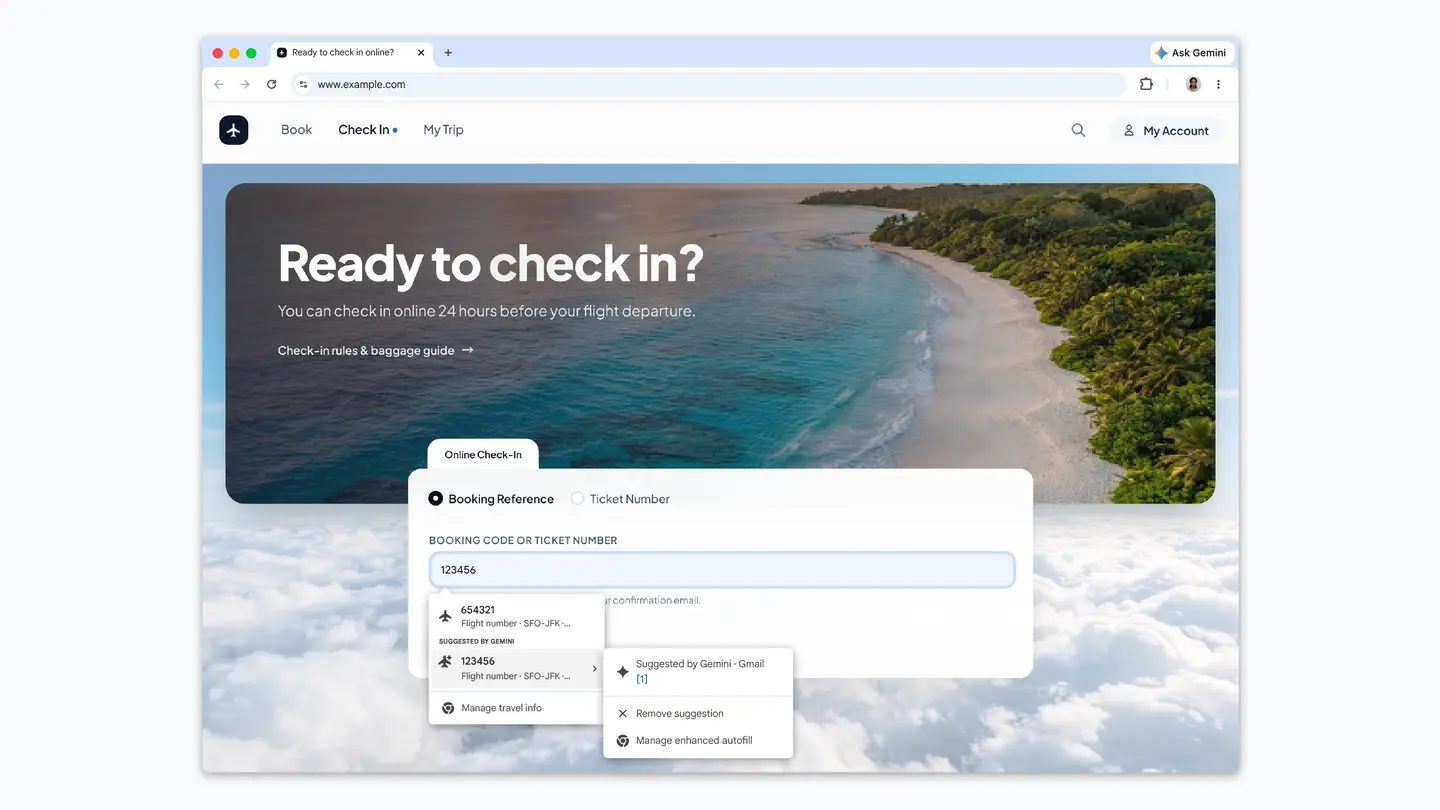 Chrome browser showing an airline check-in form with an autofill suggestion marked as coming from Gmail