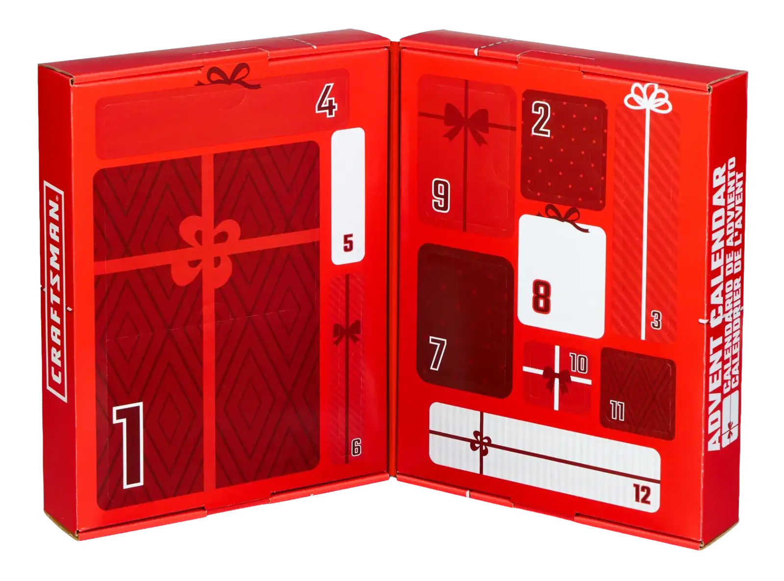 Open red Craftsman advent calendar box with 12 numbered doors