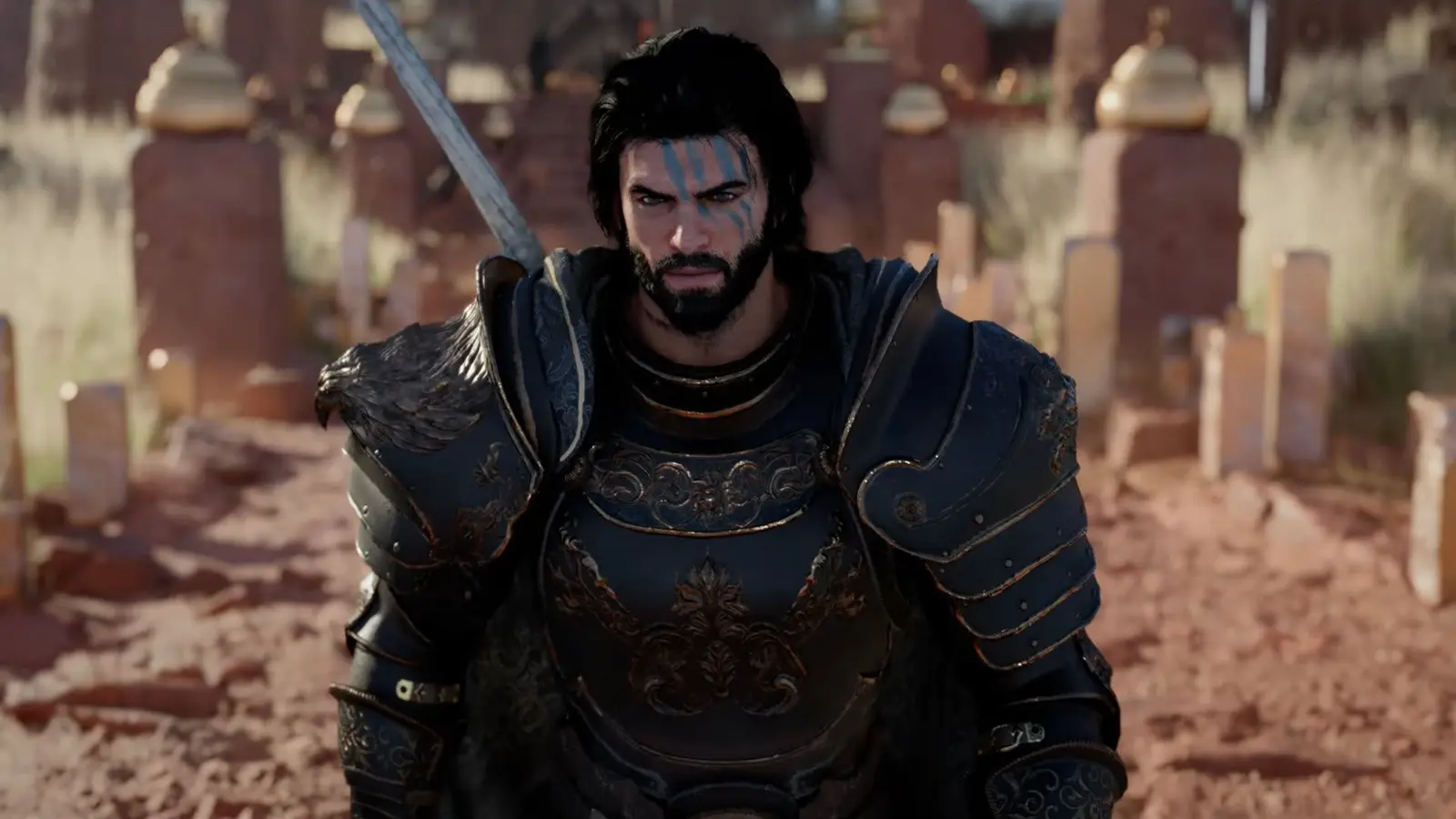 Armored warrior with a sword standing among desert grave markers in Crimson Desert