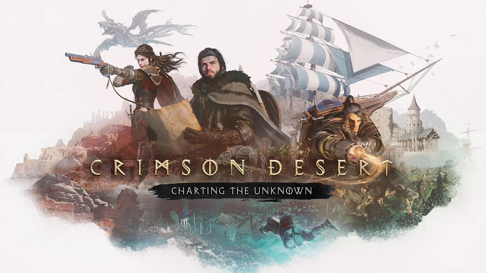 Key art for Crimson Desert Charting the Unknown showing Kliff, Oongka and Damiane with a sailing ship and a diver below
