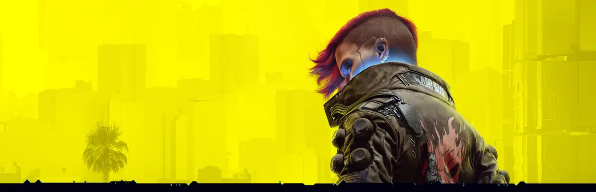 Official key art of V in a Samurai jacket against a yellow Night City skyline