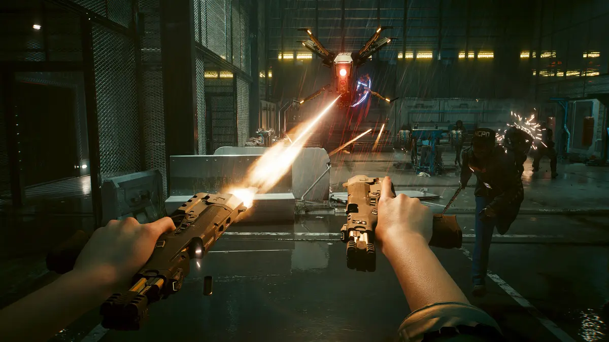 First person view of firing two pistols at once