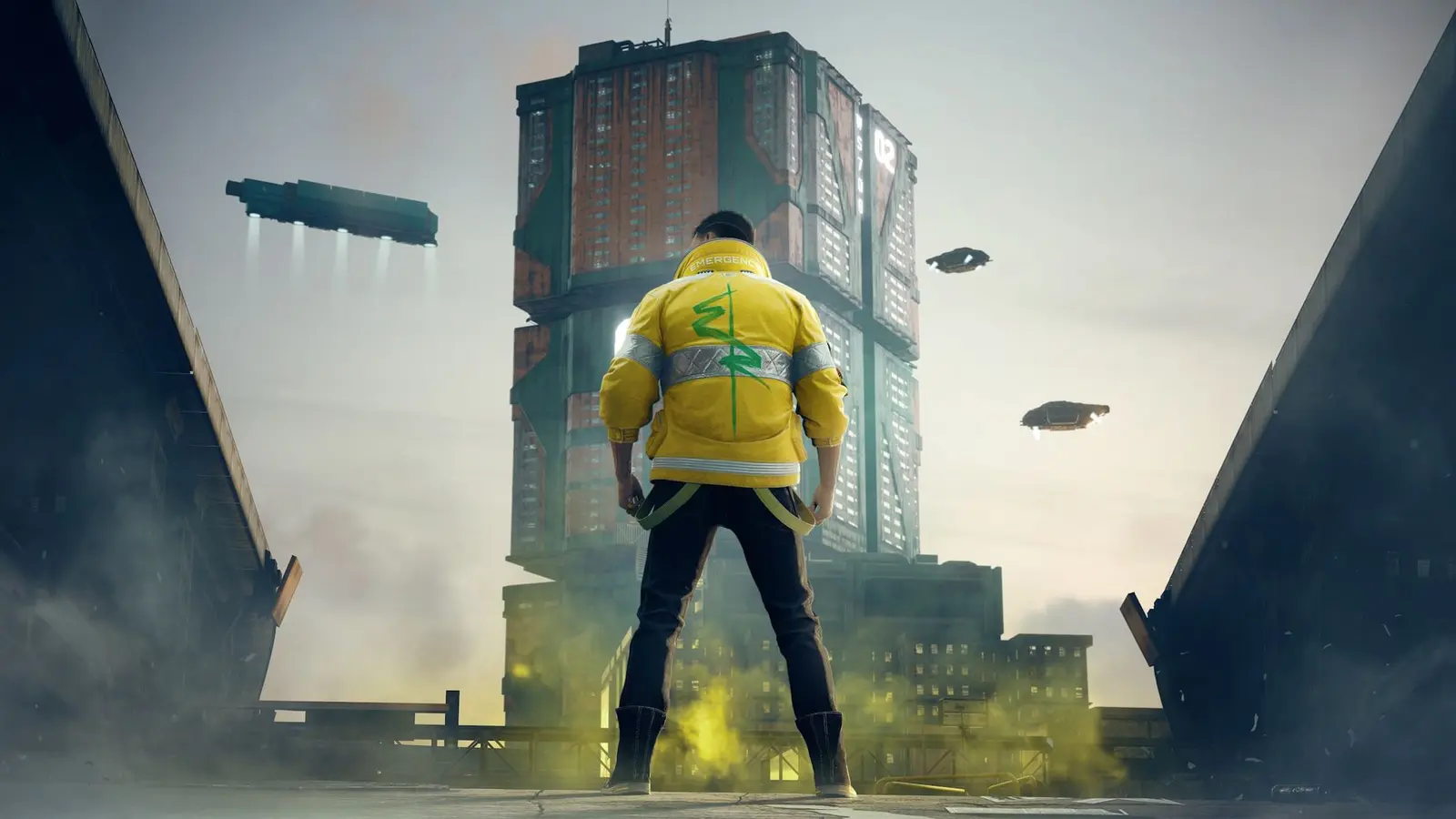 V in a yellow jacket looking over Night City rooftops