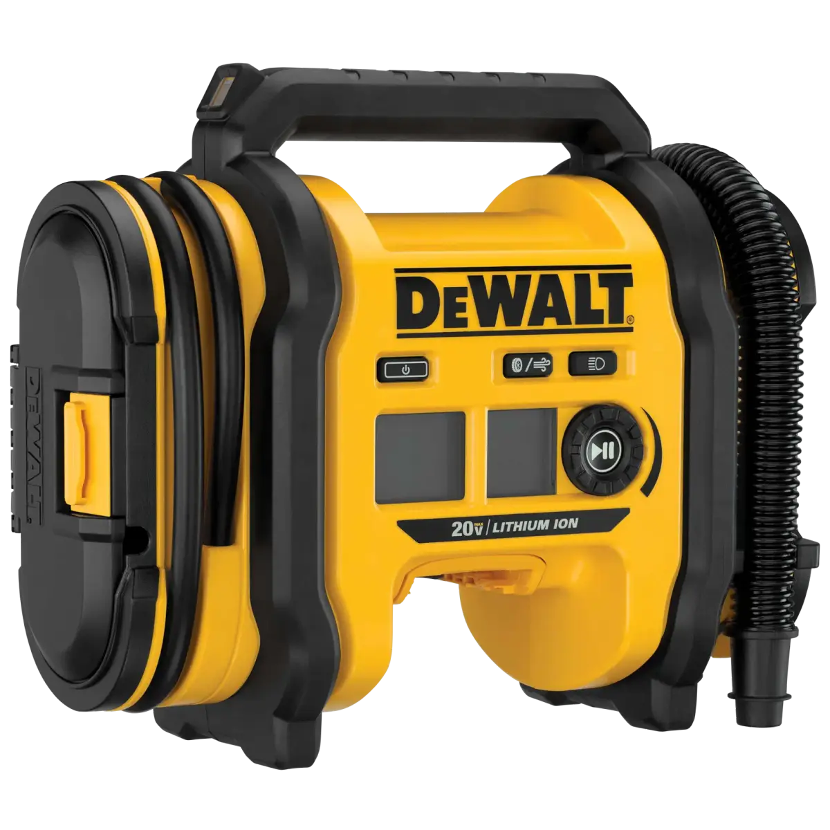 Angled front view of the DEWALT DCC020IB inflator with hose and handle