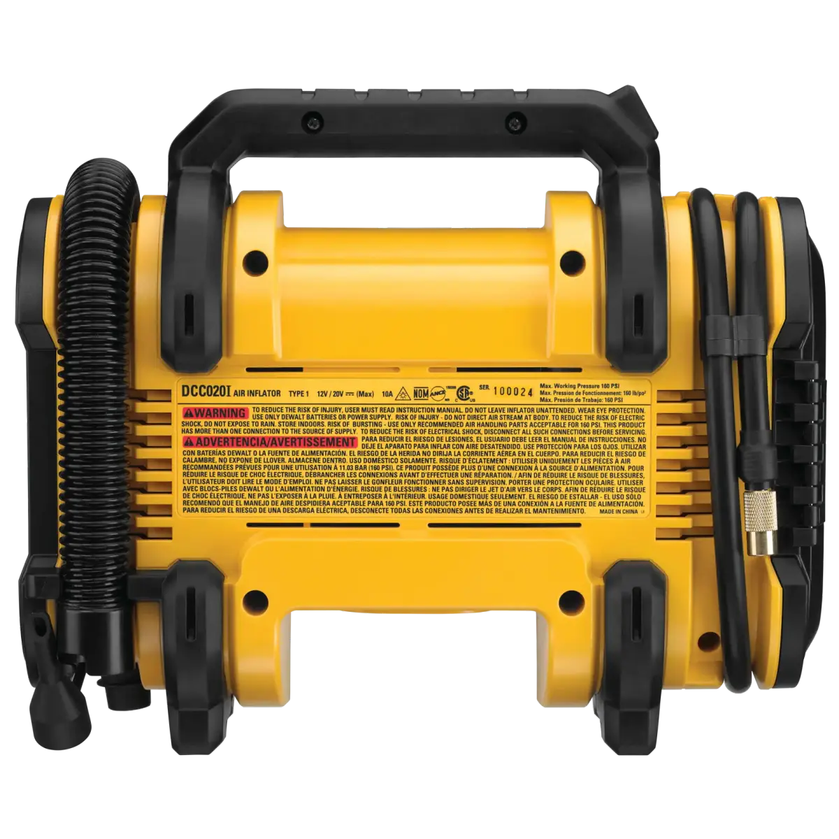 Back of the DEWALT DCC020IB inflator showing the hose storage and label