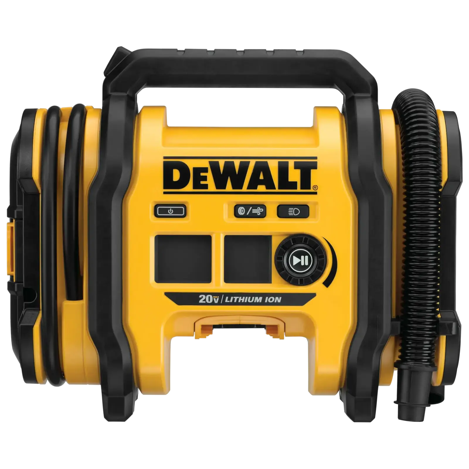 DEWALT DCC020IB yellow and black cordless air inflator on a white background