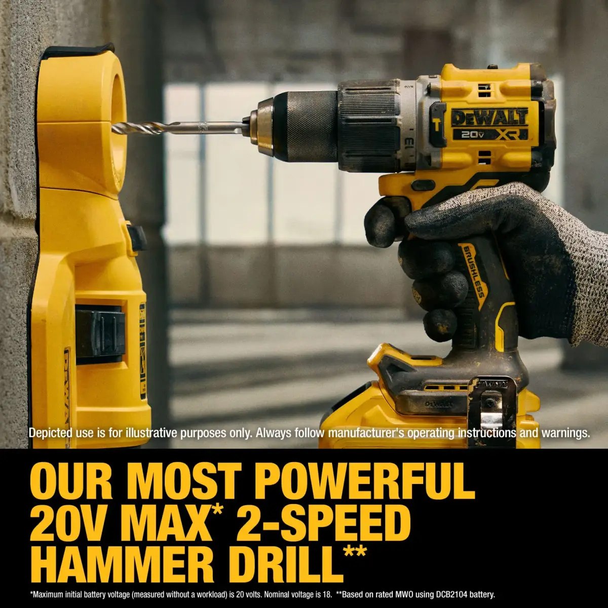 DEWALT hammer drill boring into a wall in a work setting