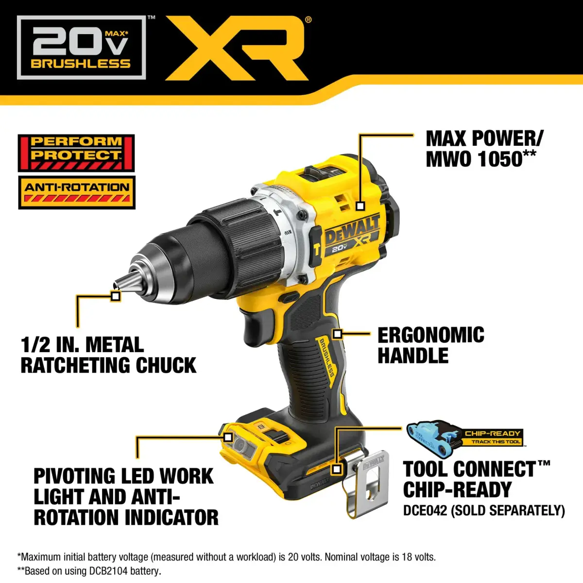 DCD806 hammer drill with labelled features such as chuck, work light and handle