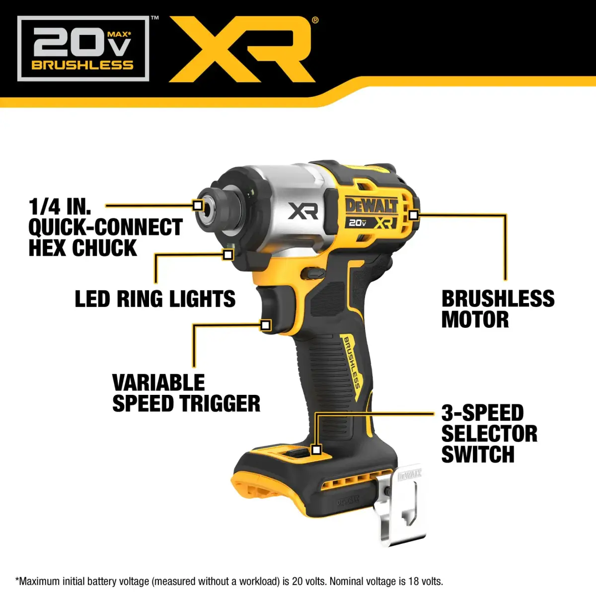 DCF845 impact driver with labelled chuck, LED ring lights and speed selector
