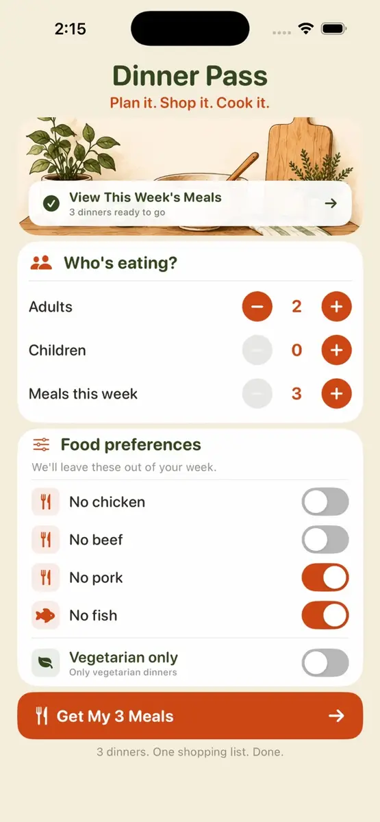 Dinner Pass home screen on iPhone