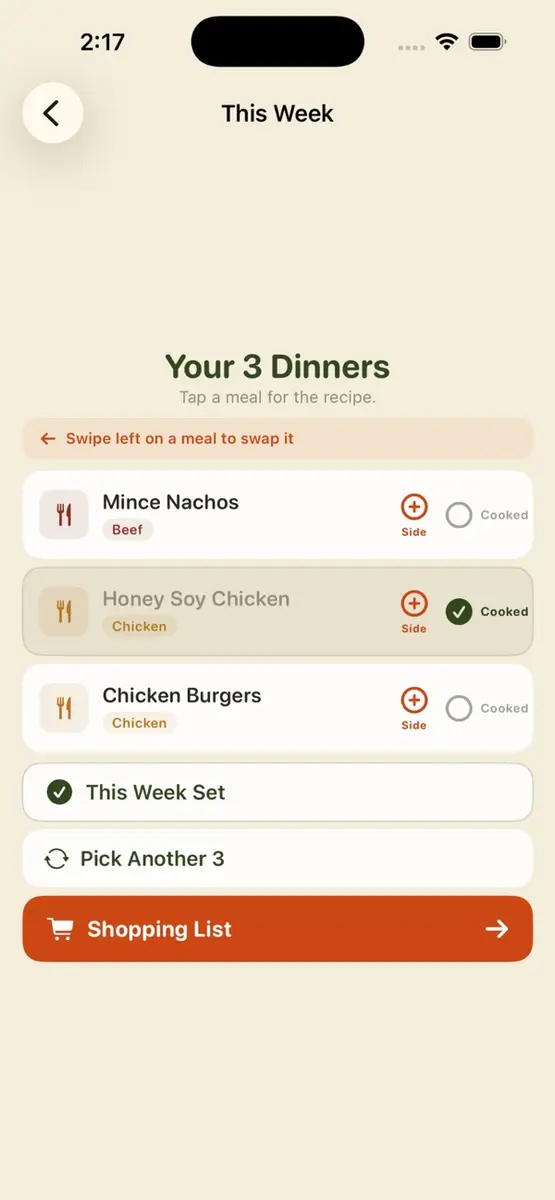 Dinner Pass weekly dinner plan screen