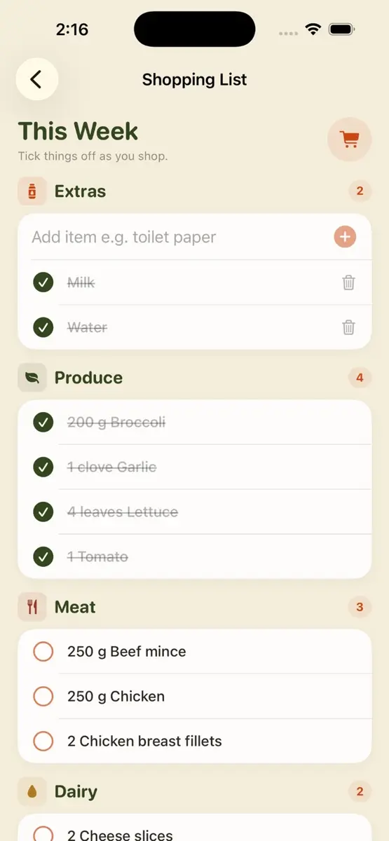 Dinner Pass shopping list screen