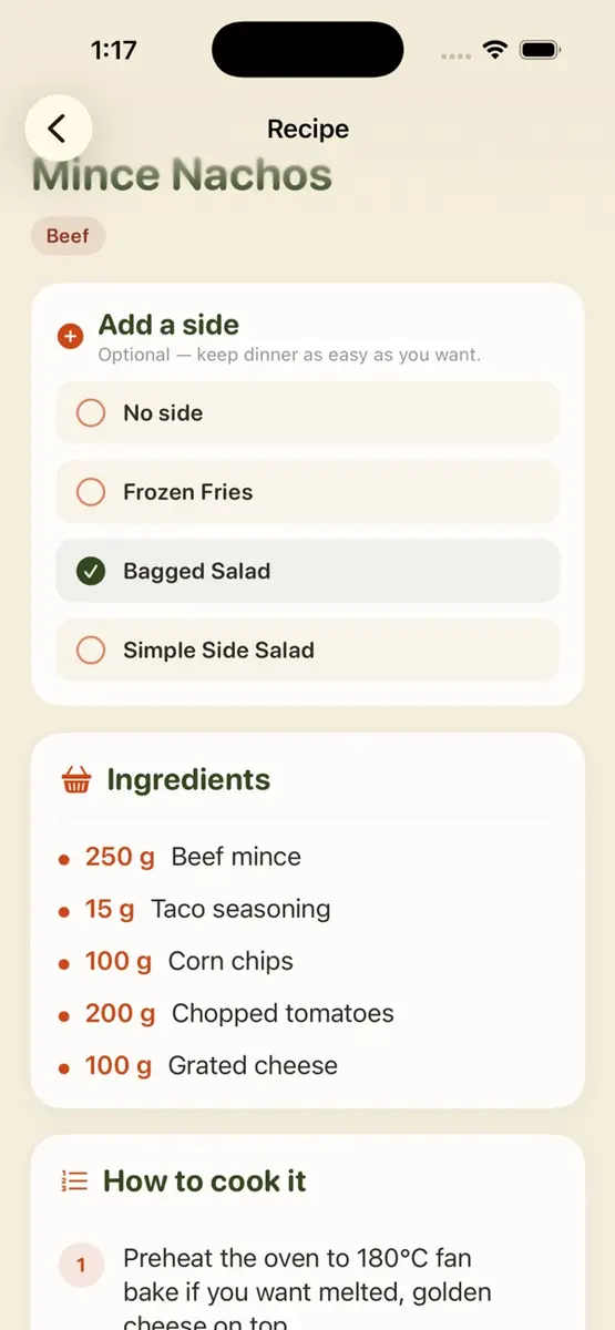 Dinner Pass recipe and meal details screen