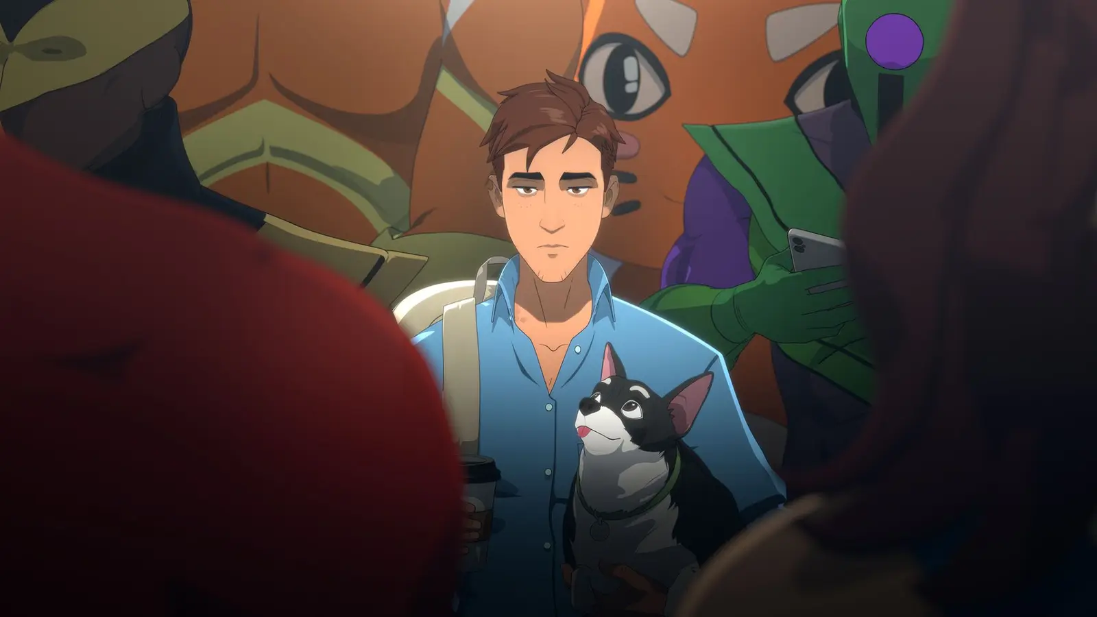 Robert Robertson standing in an elevator with his dog and other heroes in Dispatch