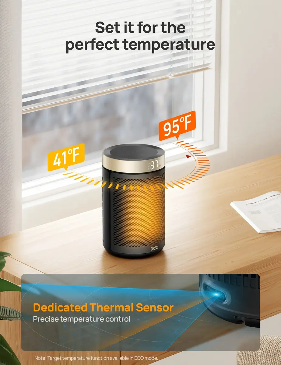 窓辺の机に置かれたDreoヒーターと41°Fから95°Fの温度範囲