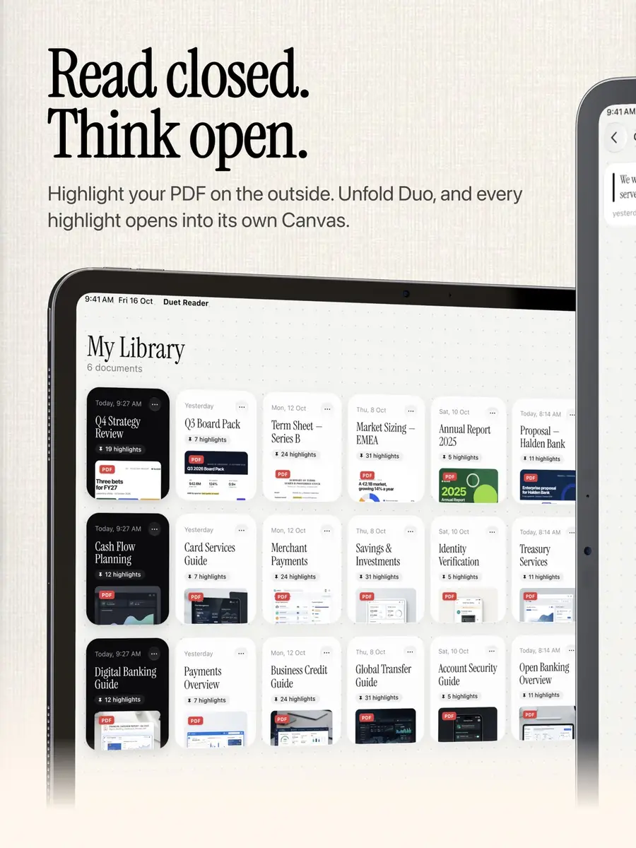 iPad library screen listing PDF documents with highlight counts