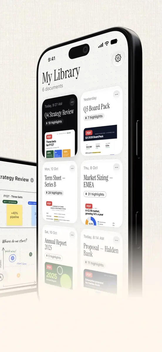 iPhone library screen with PDF cards and highlight counts