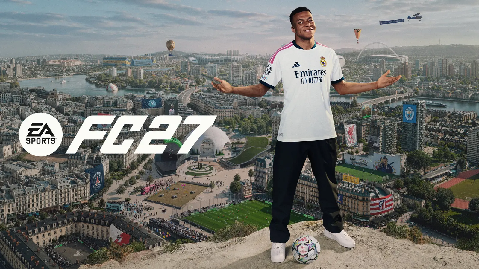 街のスカイラインの上に立つ選手を描いたEA SPORTS FC 27の公式キービジュアル