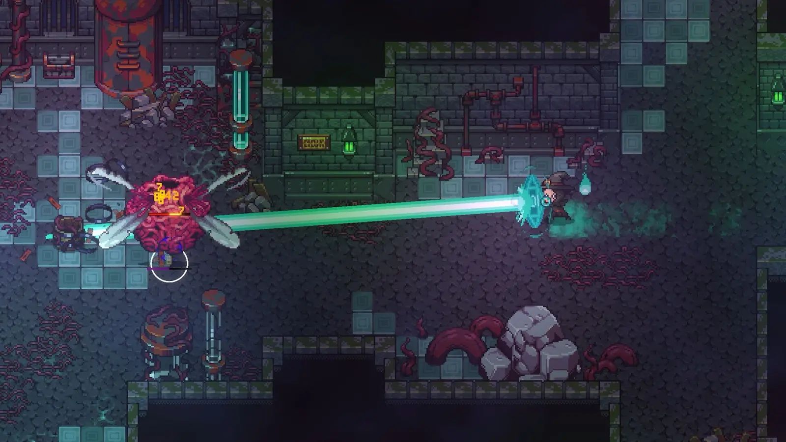 Combat scene from Emberville, a pixel art action RPG shown from above