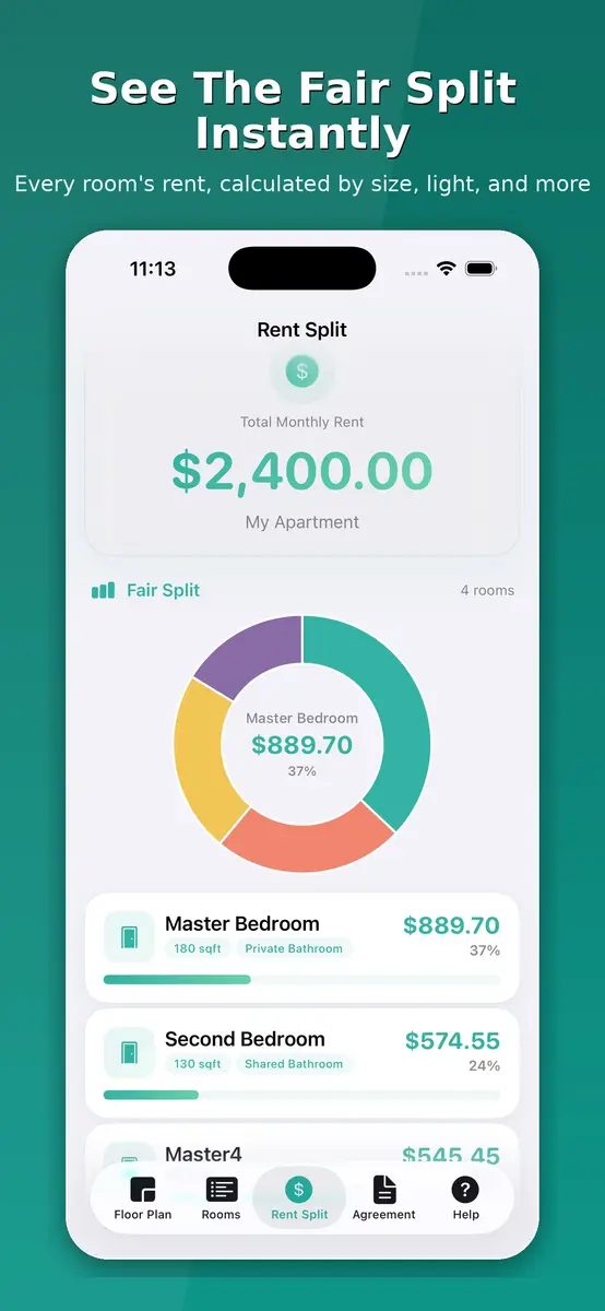 Fairloom rent split screen with a donut chart and each room's share
