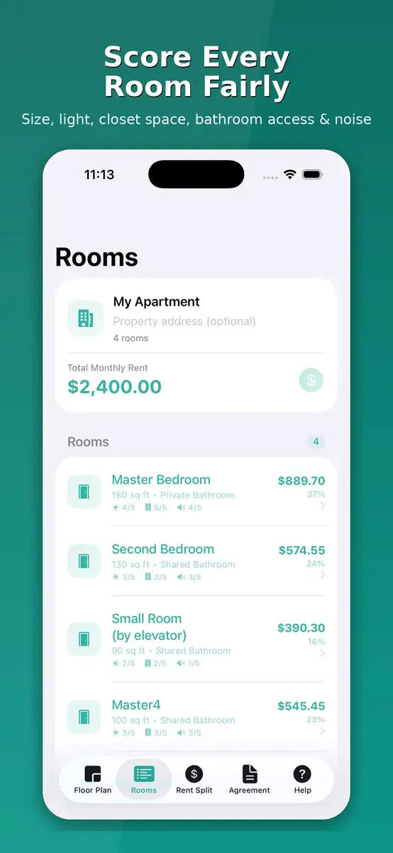 Fairloom rooms list with each room's size and bathroom details