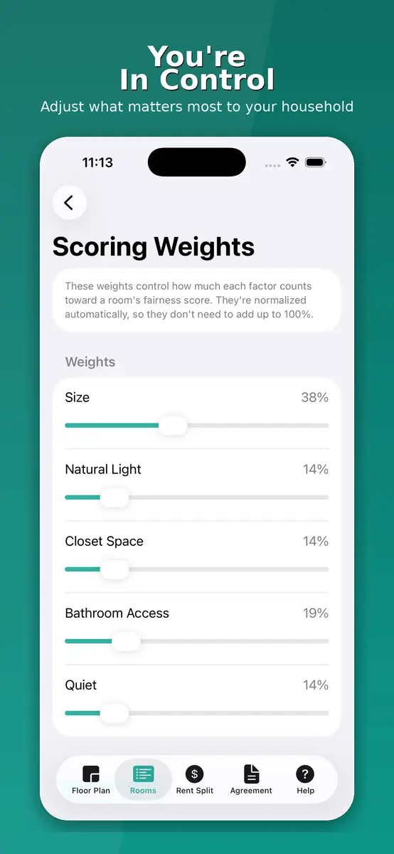 Fairloom scoring weights screen with sliders for size, light, closet, bathroom and quiet