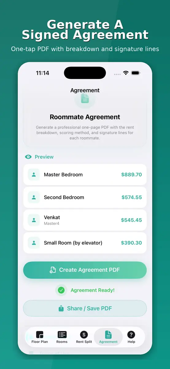 Fairloom roommate agreement screen with a button to create the PDF