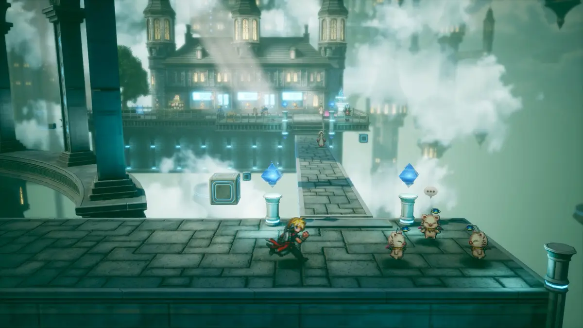 Final Fantasy Resonance에서 하늘 다리를 건너 떠 있는 성으로 향하는 주인공