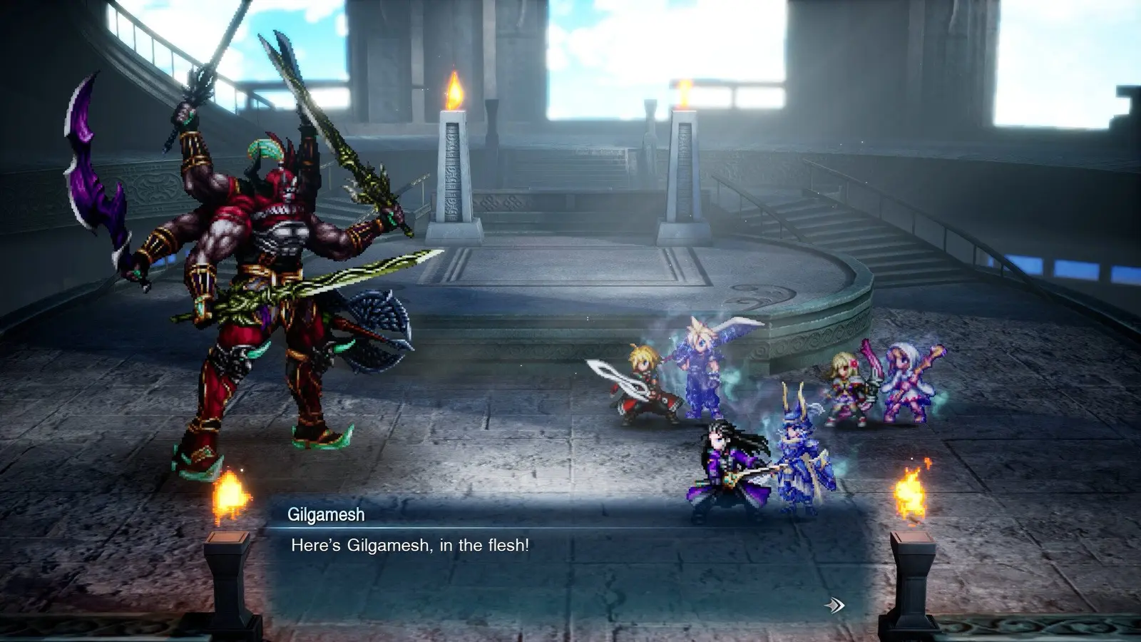 Final Fantasy Resonance에서 신전에서 팔이 여럿인 길가메시와 맞선 파티