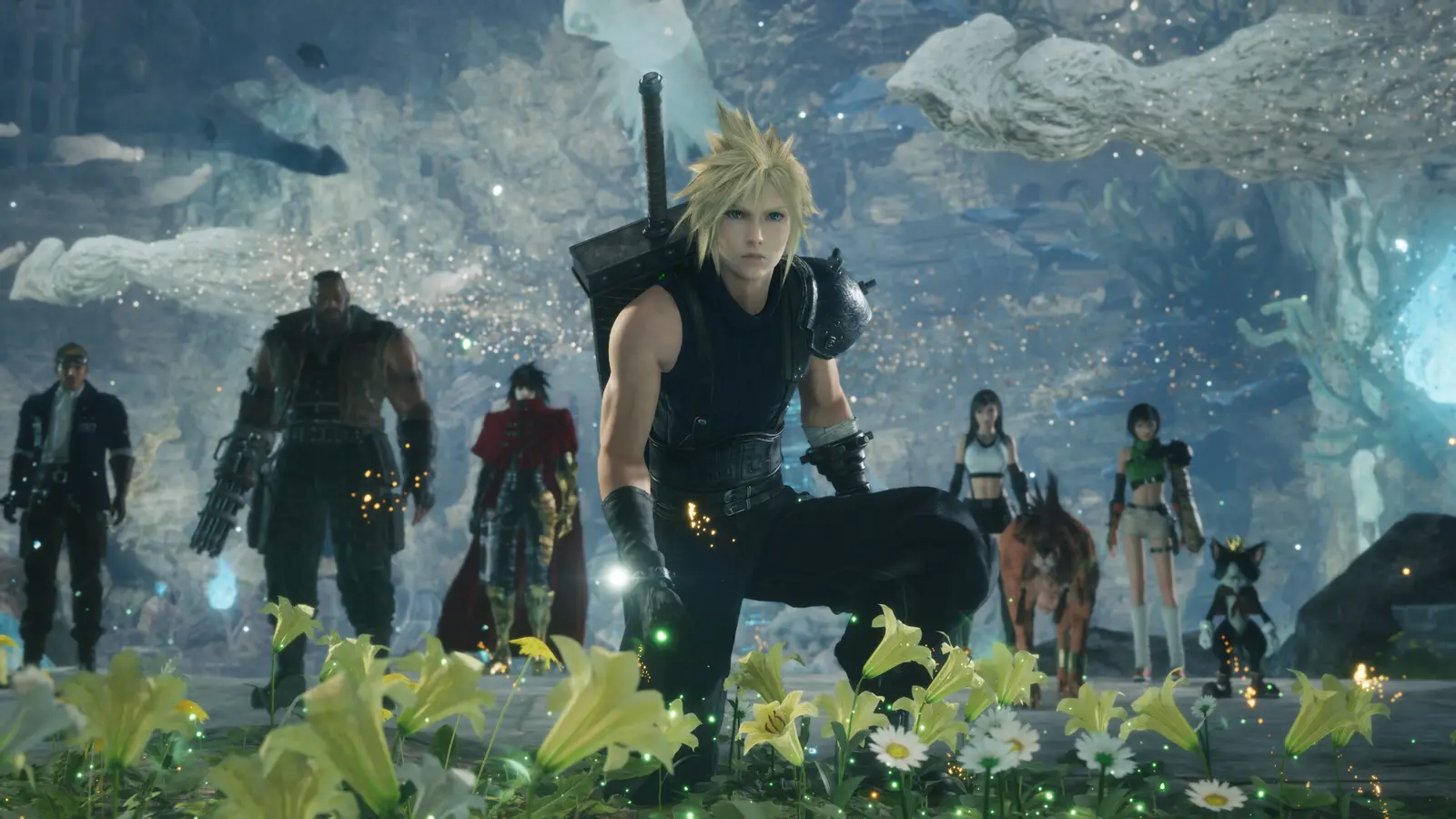 Cloud y su grupo reunidos en un campo de flores en Final Fantasy VII Revelation