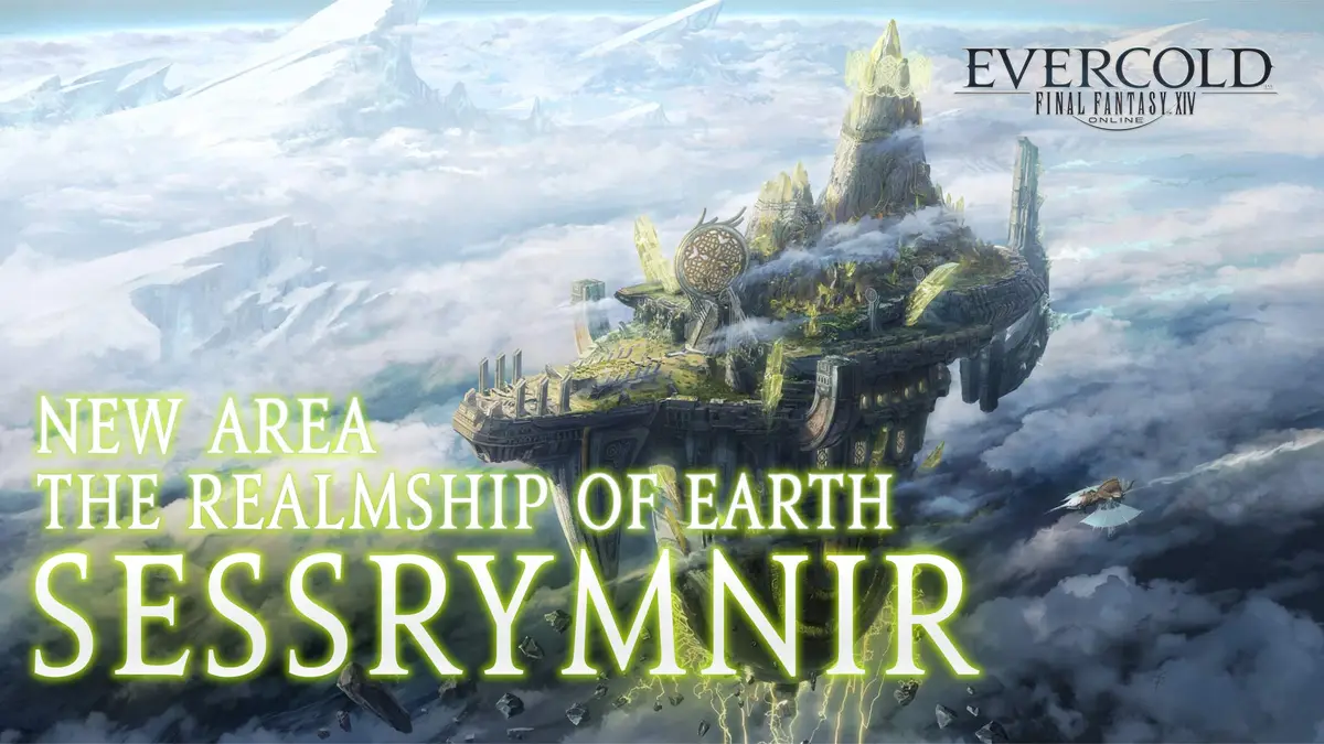 Artwork of Sessrymnir, the Realmship of Earth, floating above clouds
