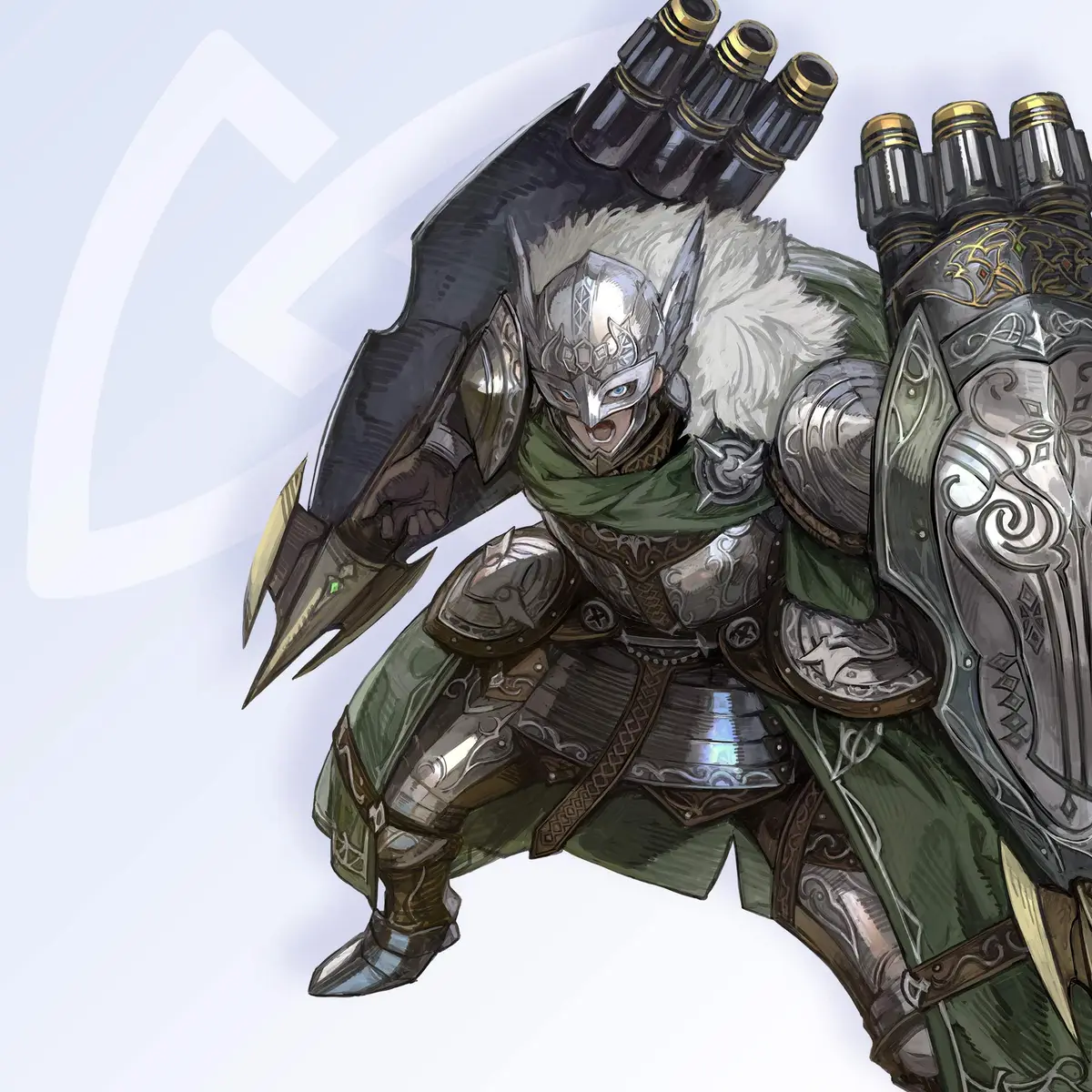 Concept art of the Bastion tank job in armor with two large shields