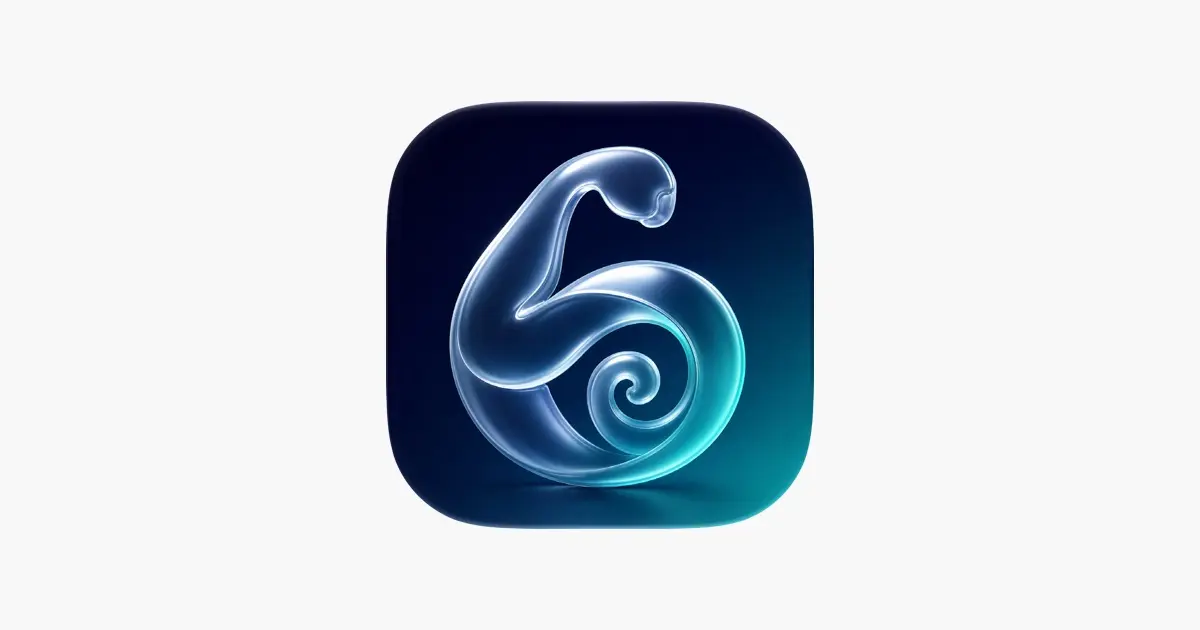 Ícono de la app FitKor con un brazo azul translúcido en forma de helecho enrollado