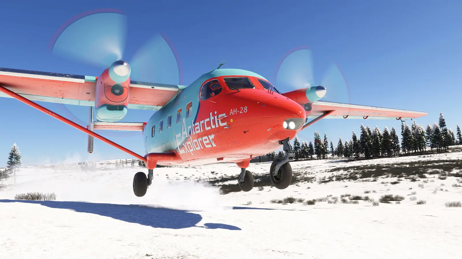 Red and teal Antonov An-28 turboprop taking off from a snowy airstrip in Microsoft Flight Simulator