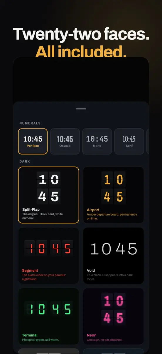 Split-Flap, Airport, Neon 등을 고르는 Flip Clock 화면 선택