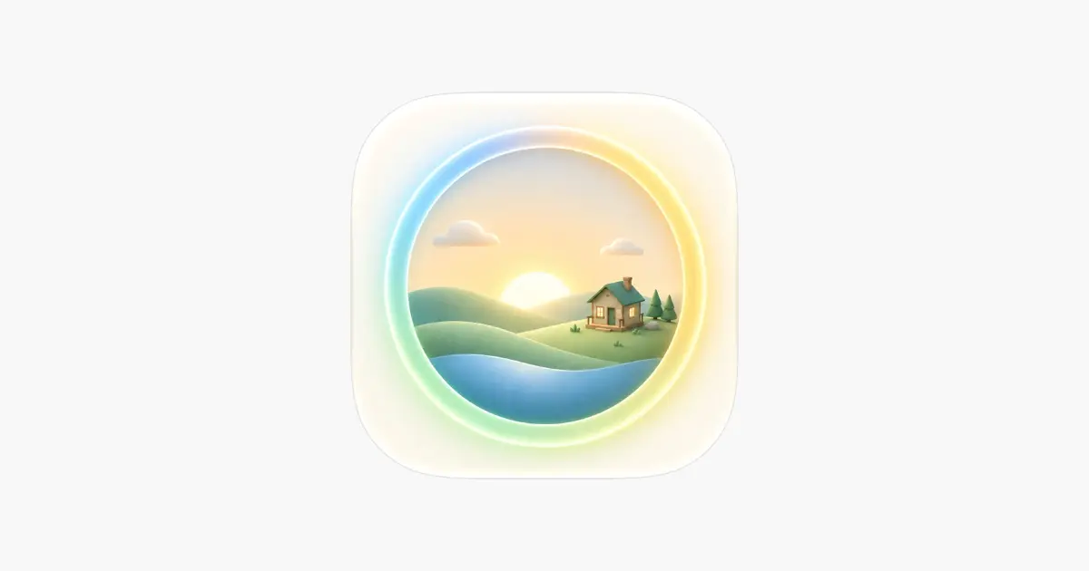 Fokuso app icon showing a small cabin on a green island by the water