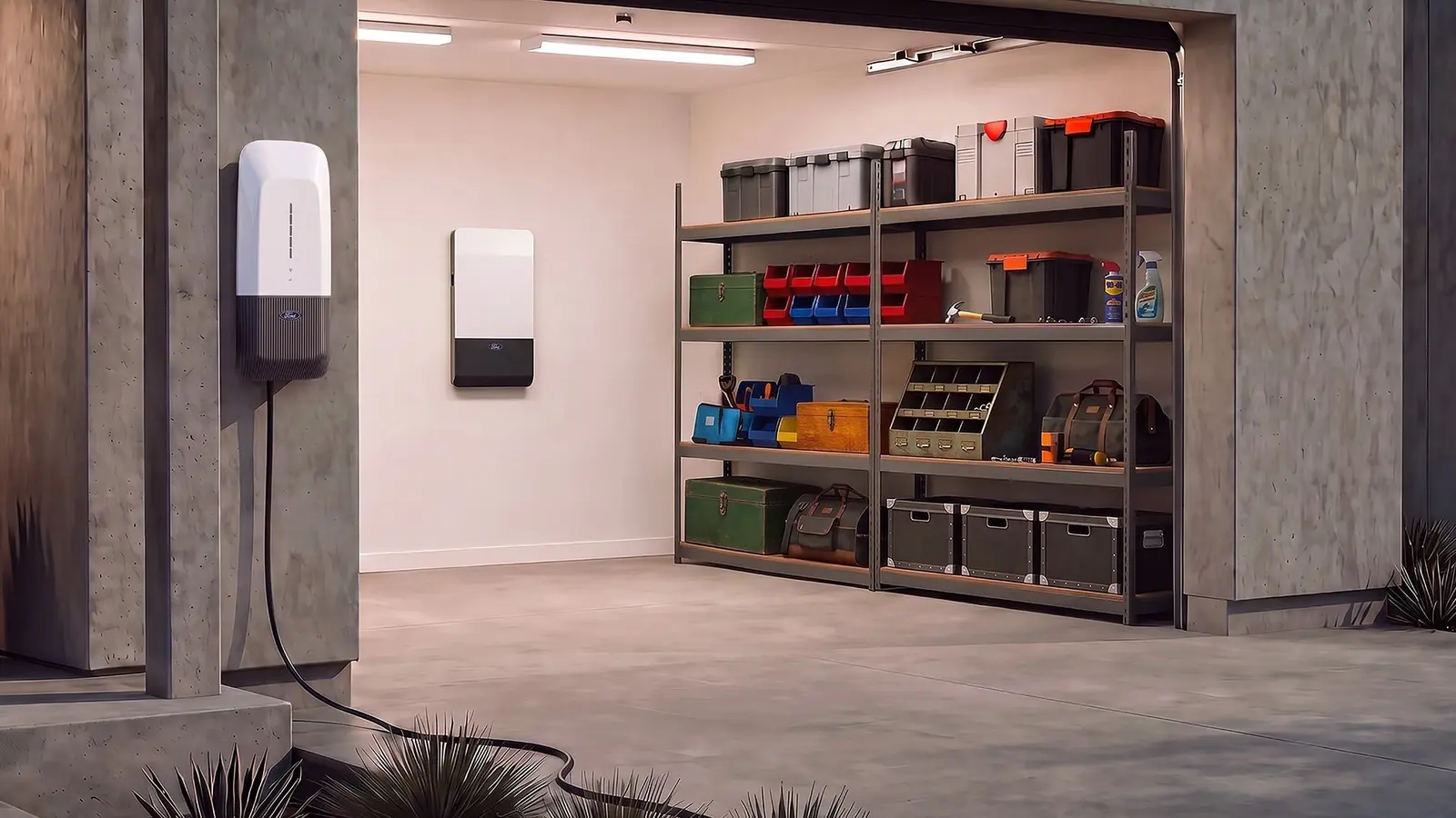 공구함이 놓인 선반 옆 차고 벽에 설치된 Ford Home Power Station