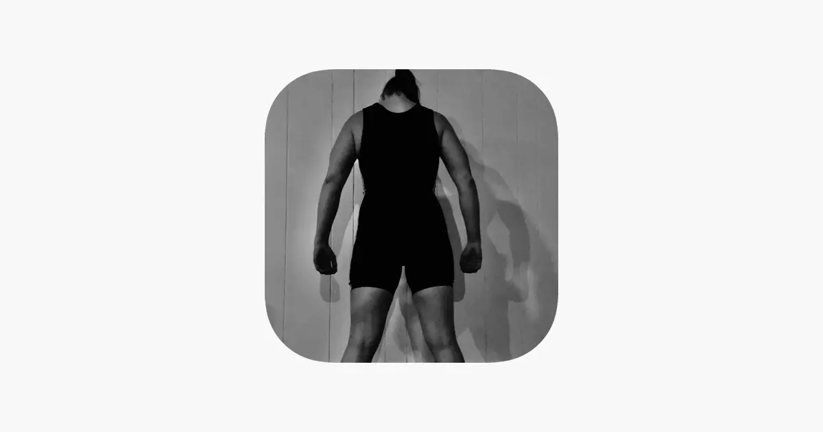Ícono de la app FormCheck+ con un levantador de espaldas en traje negro