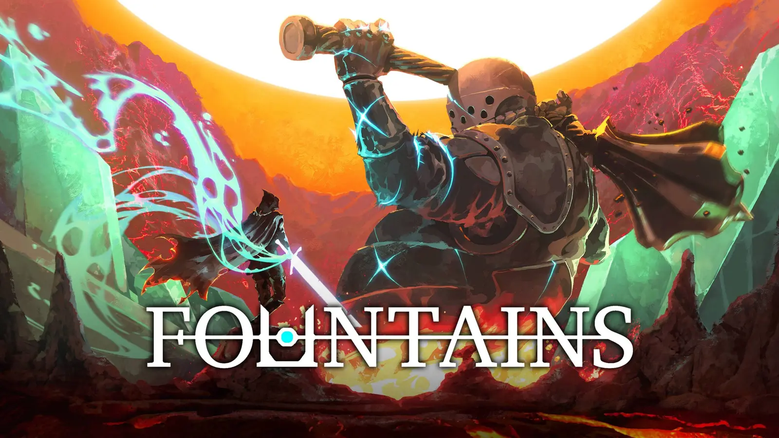 A heavily armored knight swinging a hammer in Fountains key art