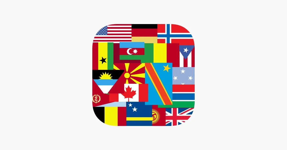 Icône de l'application World Flags and Geography, un collage de drapeaux nationaux dont le drapeau canadien à feuille d'érable