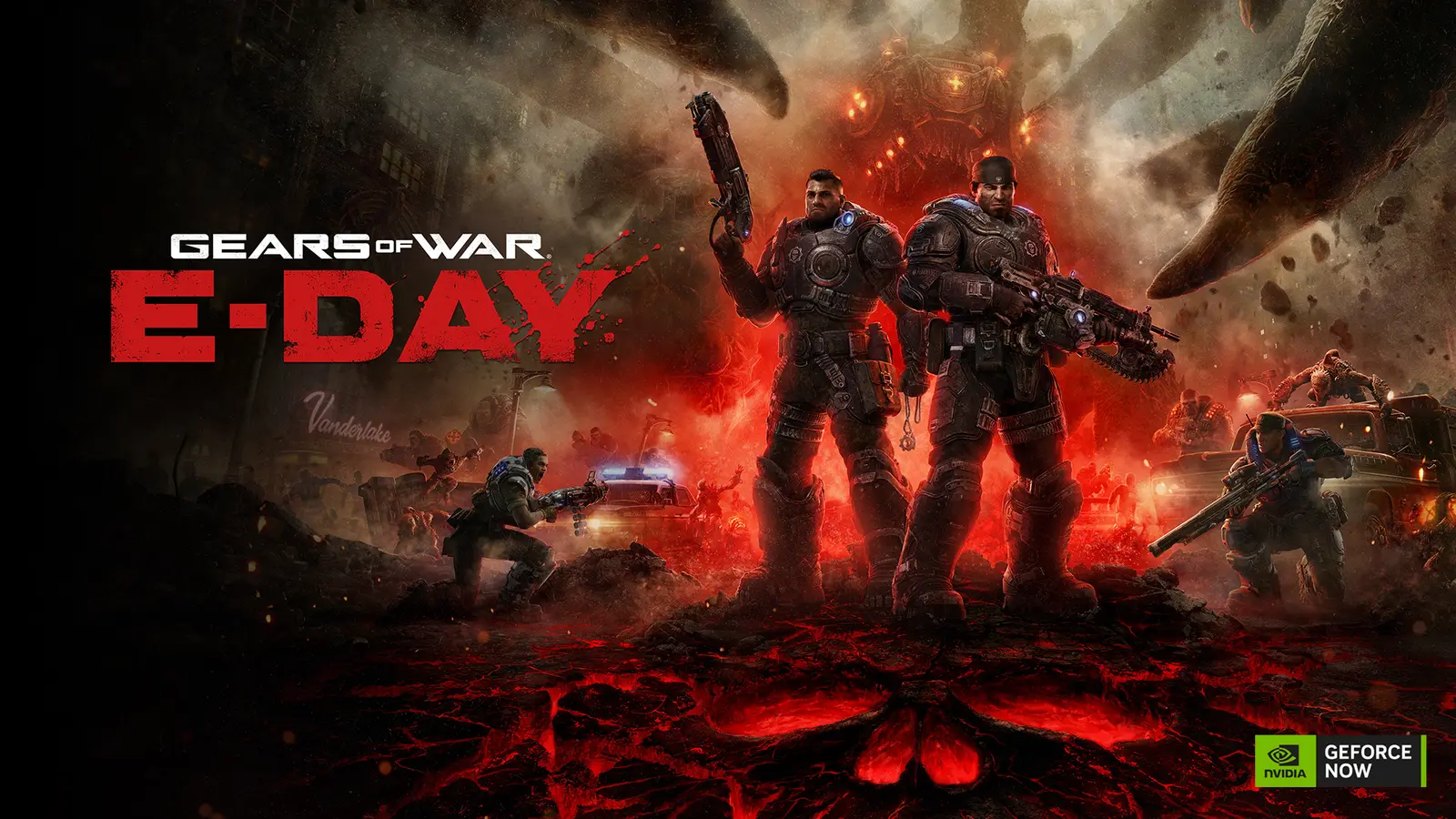 Gears of War: E-Day key art showing soldiers facing the Locust Horde