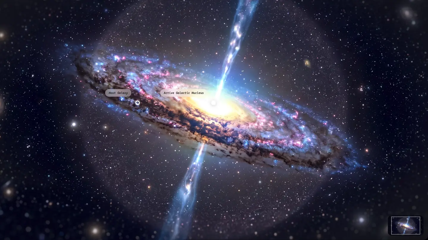 An interactive Gemini exploration of a galaxy with a glowing core, labelled points and jets of light across a starry background