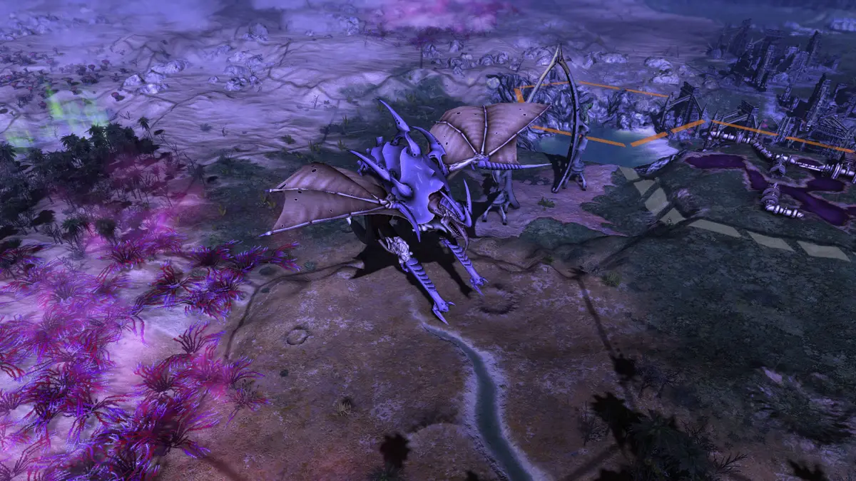 A winged purple Tyranid creature flying over a purple and pink alien landscape