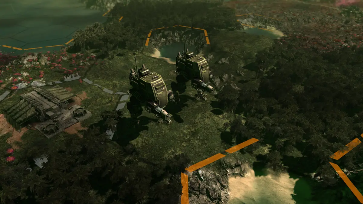 Two green armoured walkers standing in a forest clearing next to a small base