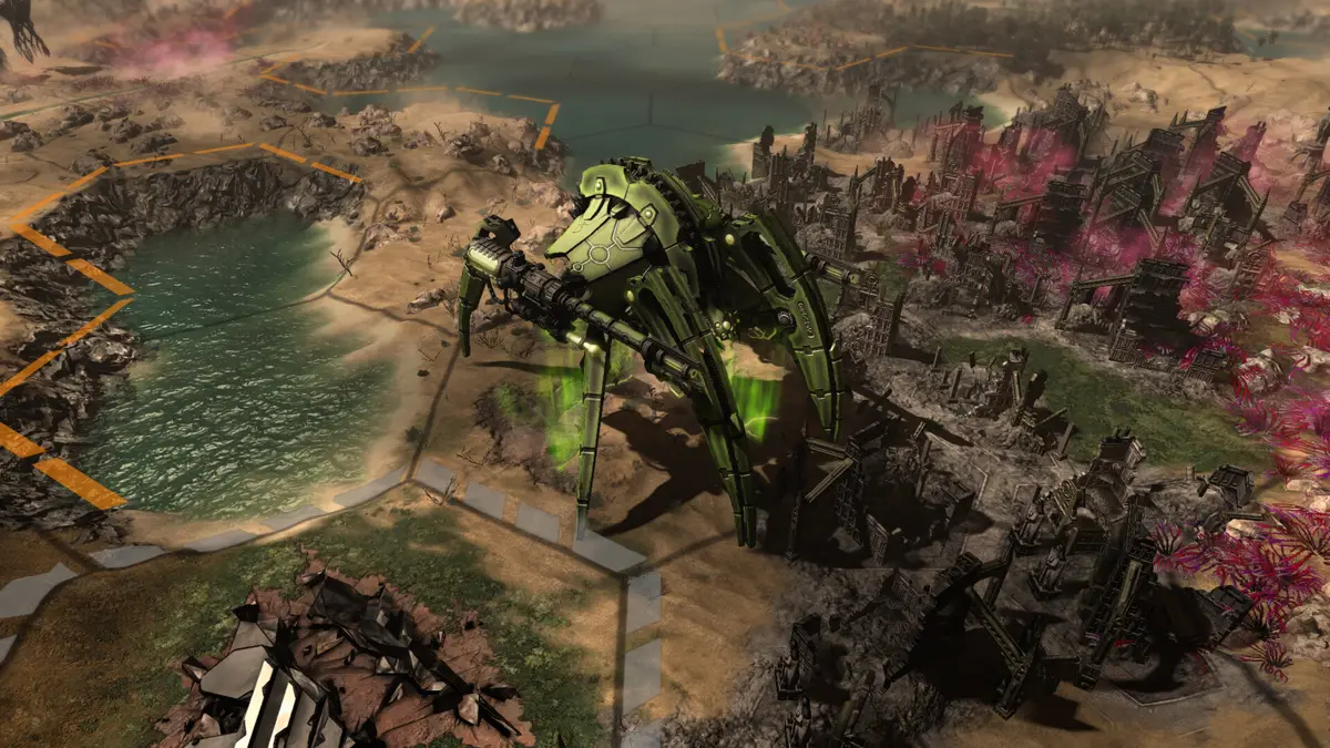A large green spider-legged walker standing beside a lake in a ruined landscape