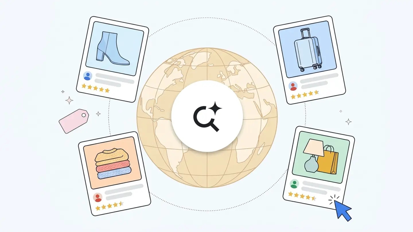 Illustration of a globe with shopping ad cards around an AI Mode search icon