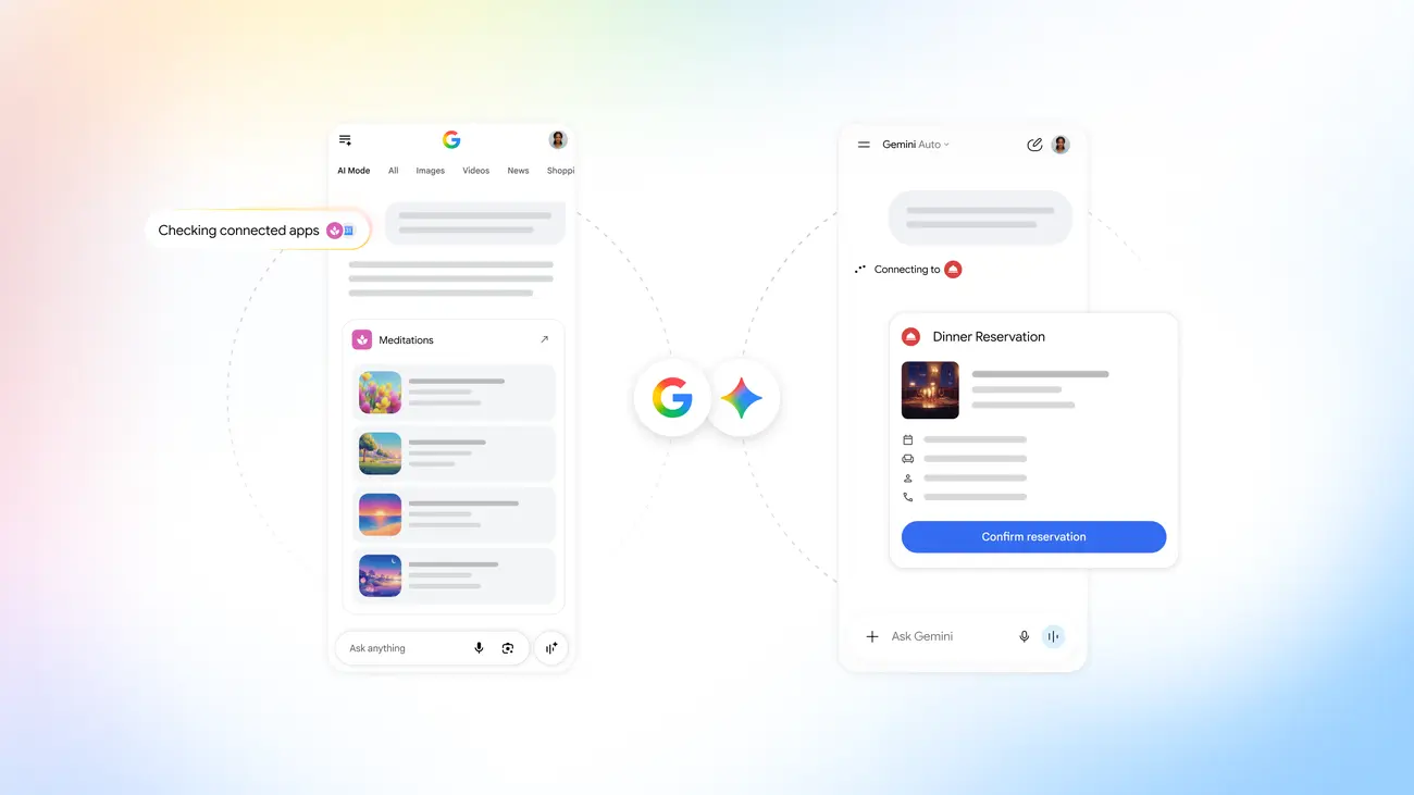 Illustration of Connected Apps working inside Google Search and the Gemini app on two phones