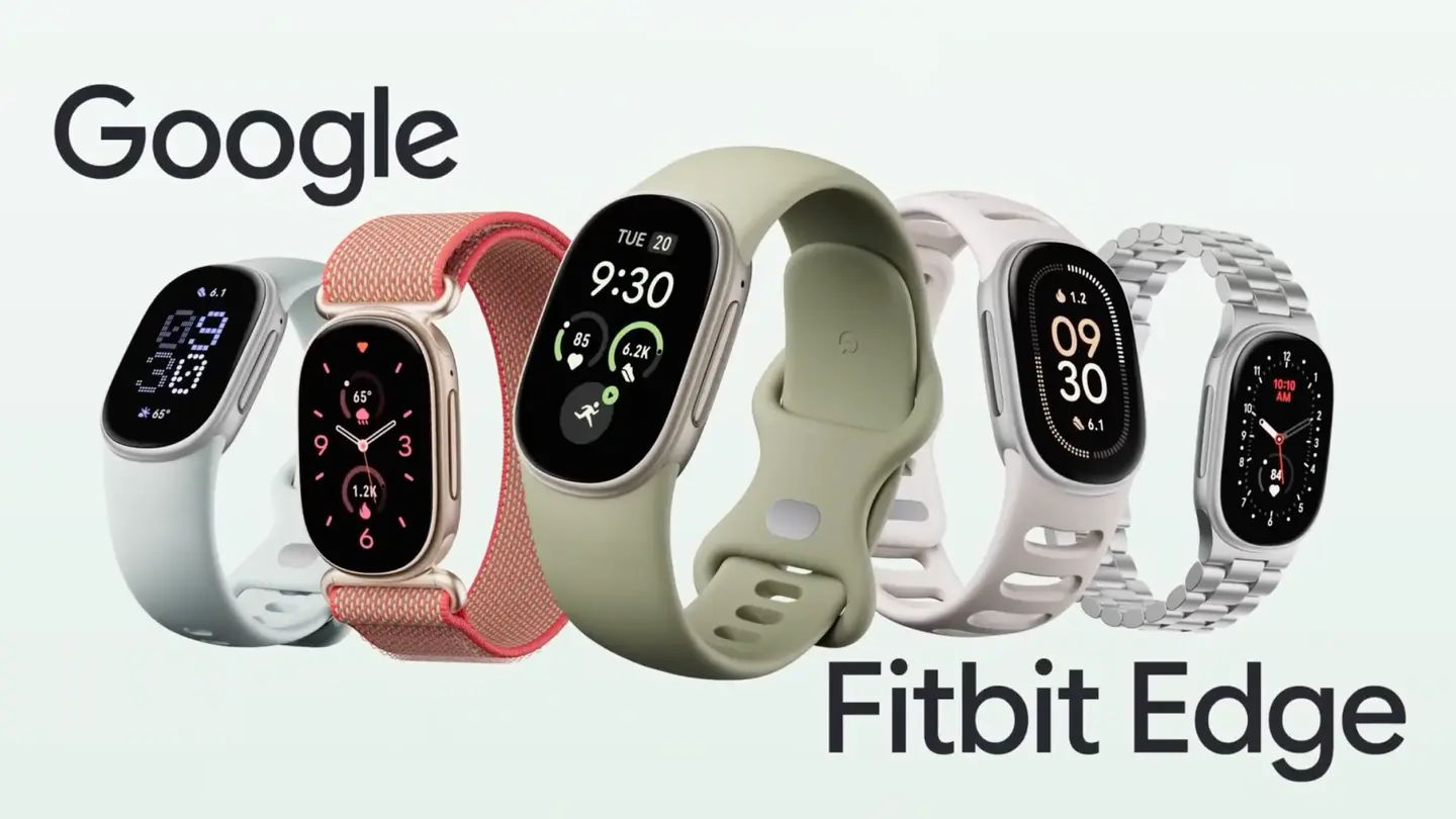 Cinq traqueurs Google Fitbit Edge avec différents bracelets et cadrans