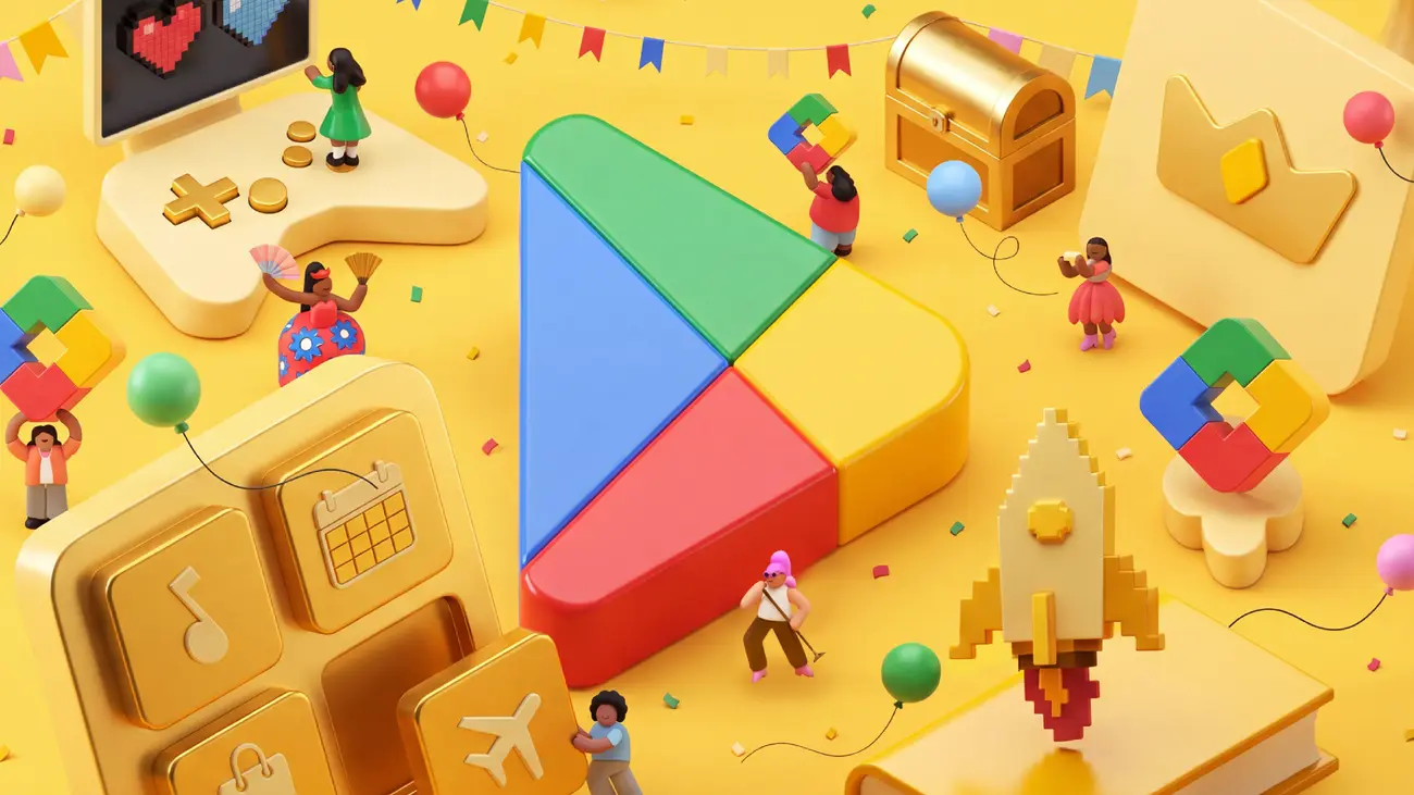 Illustration of the Google Play logo surrounded by festival decorations and game icons